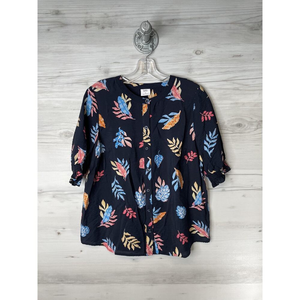 Croft & Barrow Womens Navy Leaf Print Button Front 3/4 Sleeve Blouse‎ Small